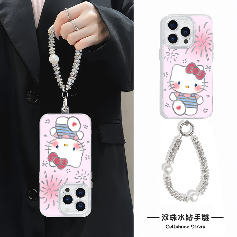 烟花kt猫14plus手机壳带挂绳12ProMax卡通iPhone15苹果16e硬适用羽纱ins风手腕Reno13红米k70高级感链条neo10