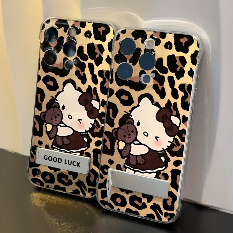 苹果14豹纹凯蒂猫无边框iPhone13适用硬华为NOVA12高级感透明16ProMax手机壳带支架15plus超薄手链x90s少女心