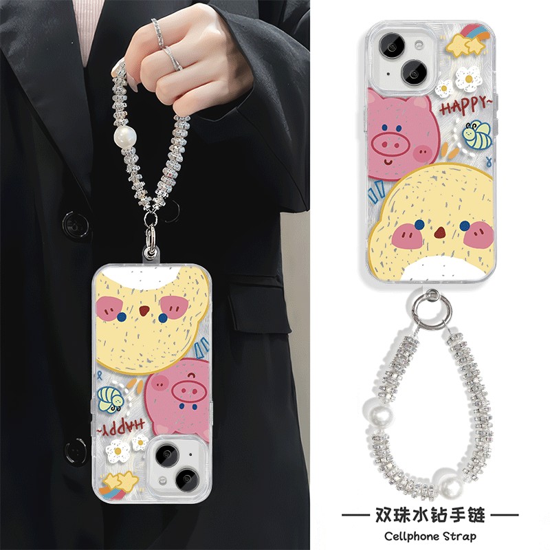 手链s20可爱15pro适用14羽纱苹果12卡通小猪iPhone13手机壳带挂绳16promax硬链条neo10创意红米k80荣耀MAGIC7