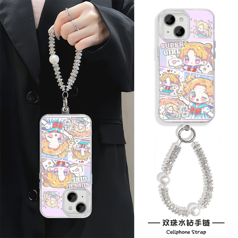 手腕Reno13手机壳带挂绳苹果12promax硬红米note14适用iPhone15羽纱16plus美少女战士荣耀MAGIC7高级感findx8