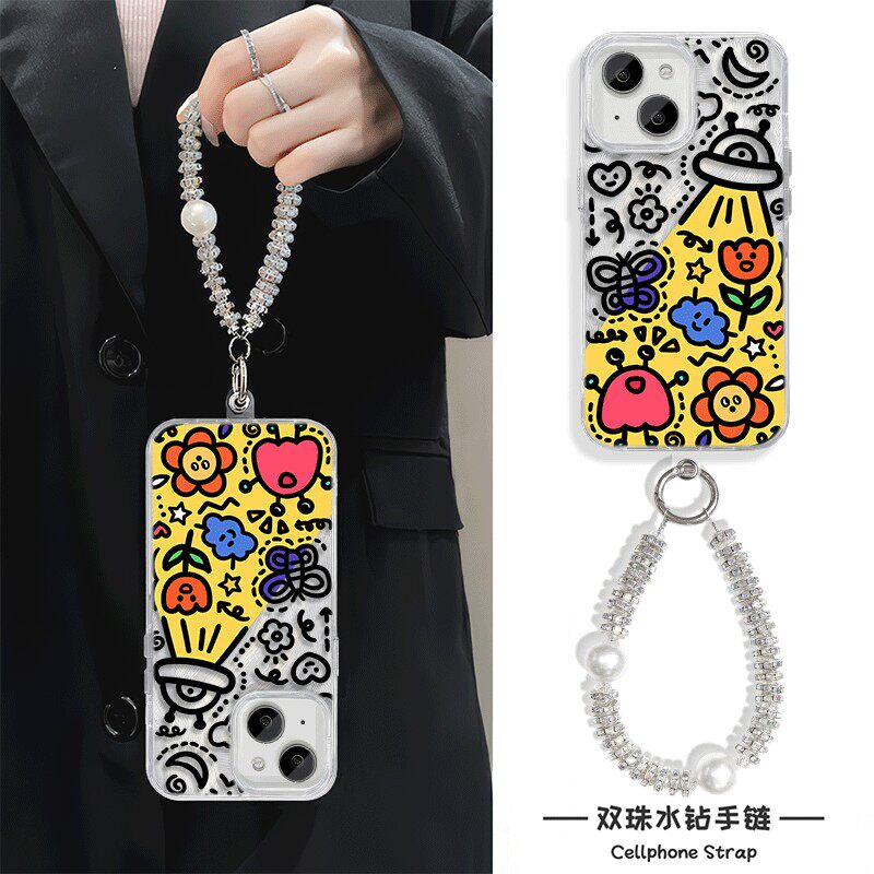 小米15ultra适用硬iPhone16创意苹果12ProMax女款涂鸦花朵羽纱iqooneo10手机壳带挂绳Nova13小众14plus高级感