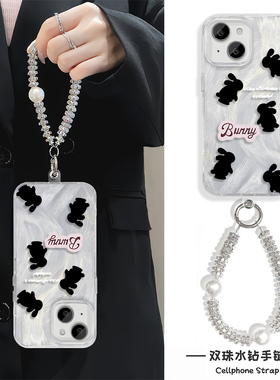 兔子英文iPhone14手机壳带挂绳S20小米15羽纱Y300苹果16Plus适用NOVA12硬13ProMax高级感K80Pro女ins风A5韩系