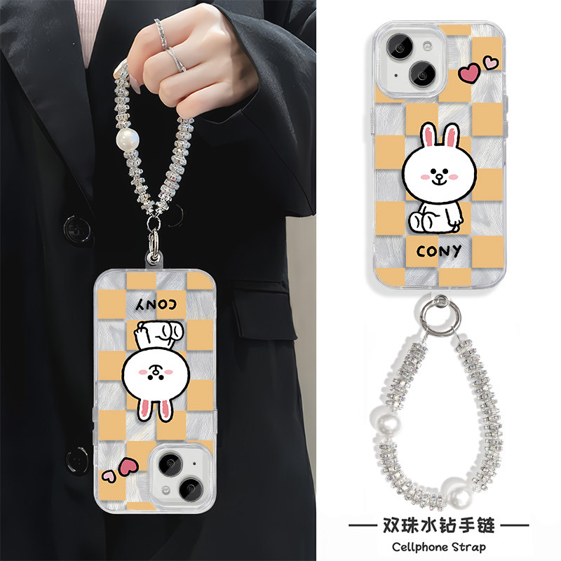 手机壳带挂绳硬iPhone13格子卡通兔适用15plus创意羽纱14ProMax可爱苹果16e华为Nova12活力版手链x200s高级感