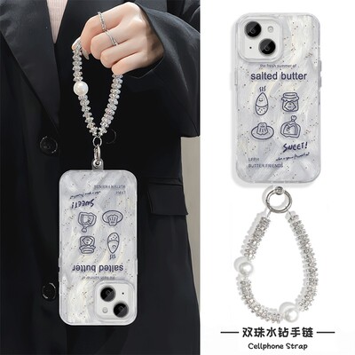 羽纱硬iPhone13高级感手腕Reno14适用英语小甜点15ProMax手机壳带挂绳ins风Nova12苹果16小众手链X200PROMINI
