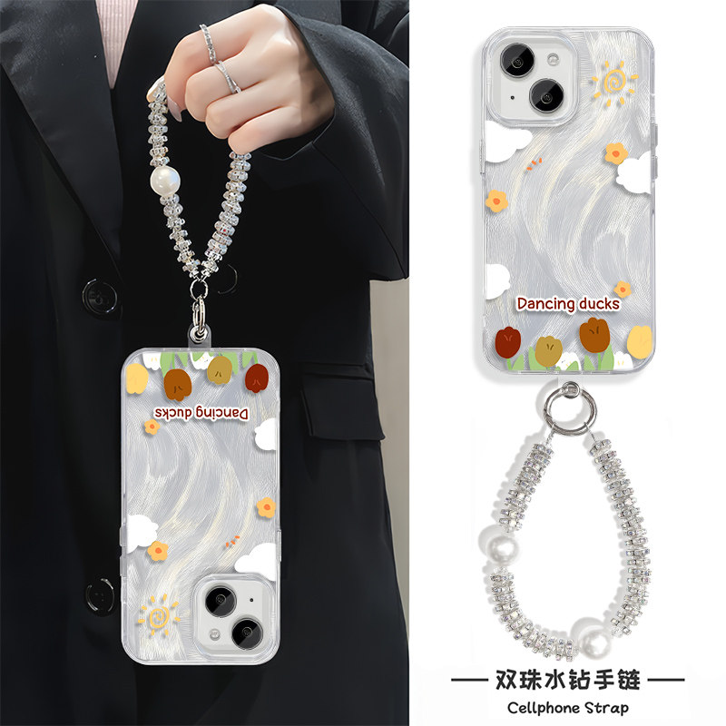 苹果14太阳鸭iPhone15promax羽纱手腕Reno13手机壳带挂绳华为nova12Ultra硬16plus适用手链s20卡通x200高级感
