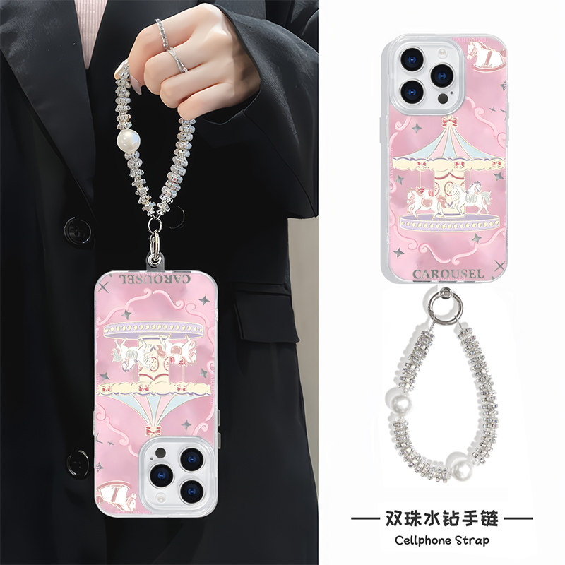 15plus硬16苹果12羽纱iPhone13ProMax梦幻旋转木马红米note14适用ins风红米k80手机壳带挂绳高级感华为mate70