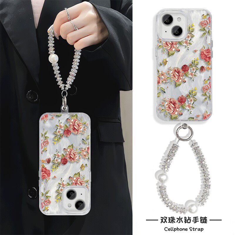 创意适用16苹果14ProMax油画红色玫瑰羽纱硬一加13女款高级感15plus手机壳带挂绳ins风iPhone12小众手链X200S