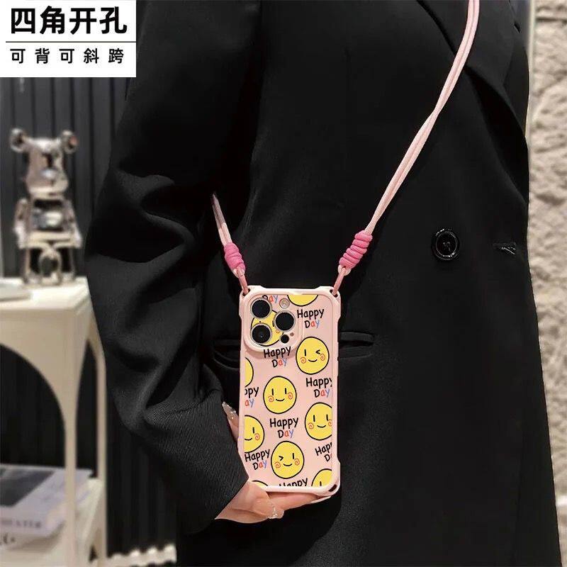 嗨皮猫咪笑脸手腕Reno13斜跨手腕挂绳12ProMax四角防摔开孔iPhone16可爱苹果15适用14plus手机壳软华为Mate60