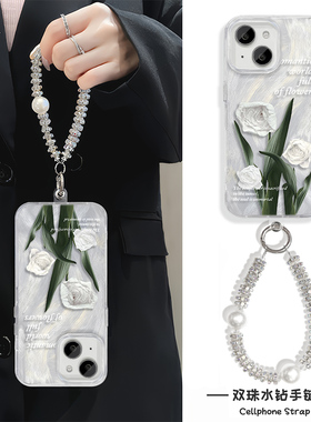 ins风玫瑰iPhone15手机壳带挂绳链条13羽纱NOVA12苹果14Plus适用S20Pro真我NEO7硬16ProMax高级感K80女A5韩系