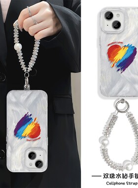 爱心iPhone16英文K80手机壳带挂绳15Ultra羽纱NOVA12适用MATE70ProPlus硬链条13苹果14ProMax日韩ins风高级感