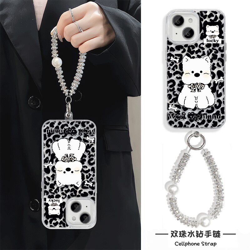 iPhone15豹纹西高地14ProMax华为mate70高级感a5女款可爱手腕Reno13羽纱硬16plus卡通苹果12适用手机壳带挂绳