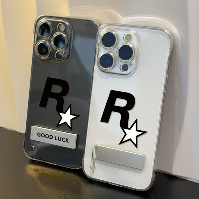 12ProMax高级感一加13t适用硬iPhone16e手机壳带支架苹果15pm透明超薄14plus无边框华为Mate70创意R星红米k80