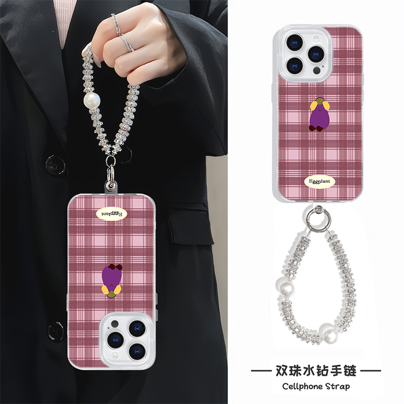 16ProMax适用15手机壳带挂绳羽纱iPhone12高级感ins风苹果13硬14plus格纹紫色茄子手腕Findx8创意红米k80新款