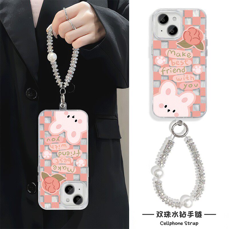 格子兔iPhone14创意华为Nova13可爱16羽纱手机壳带挂绳硬ins风iqooneo10适用15plus高级感苹果12ProMax女款a5