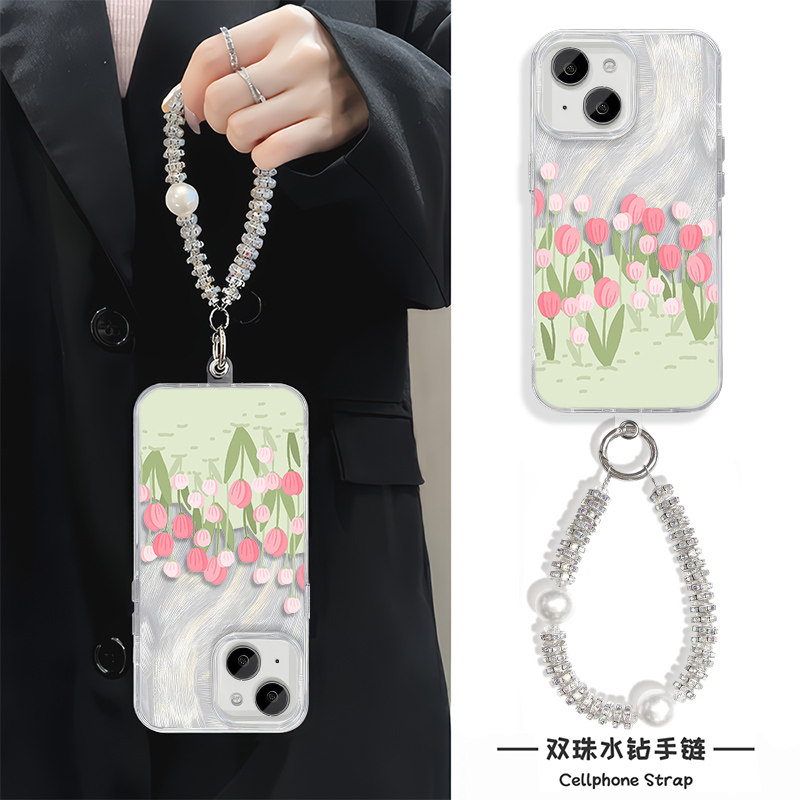 郁金香NOTE14手机壳带挂绳链条13羽纱iPhone12适用K80Pro苹果15Plus硬16ProMax高级感ins风Y300I小清新A5女款