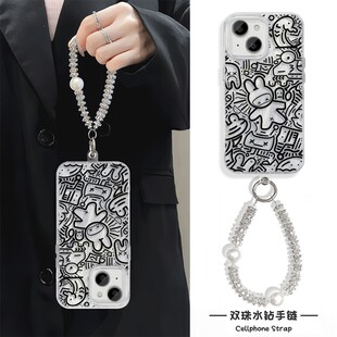 iPhone15涂鸦线条小兔12ProMax羽纱硬华为p70苹果13适用红米note14pro+创意16plus手机壳带挂绳卡通s20高级感