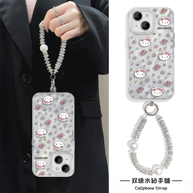 iPhone13手机壳带挂绳12promax蝴蝶结凯蒂猫小米15适用14plus羽纱苹果16e硬手链x200s可爱红米TURBO3高级感女