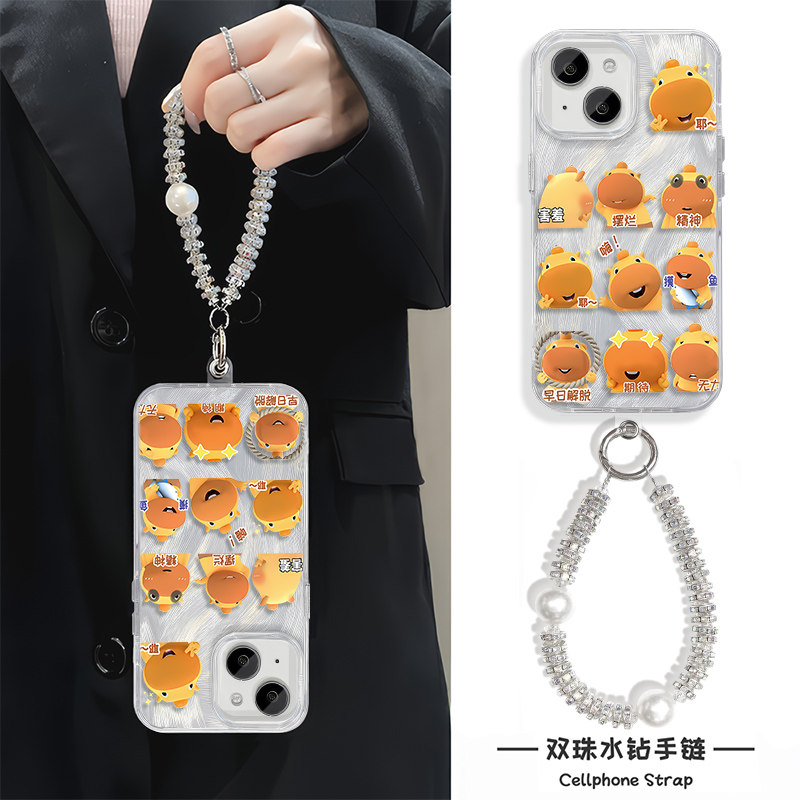 iPhone16适用硬15羽纱14plus苹果13手机壳带挂绳12ProMax高级感摆烂水豚噜噜OPPOFINDX8红米K80一加13VIVOS20