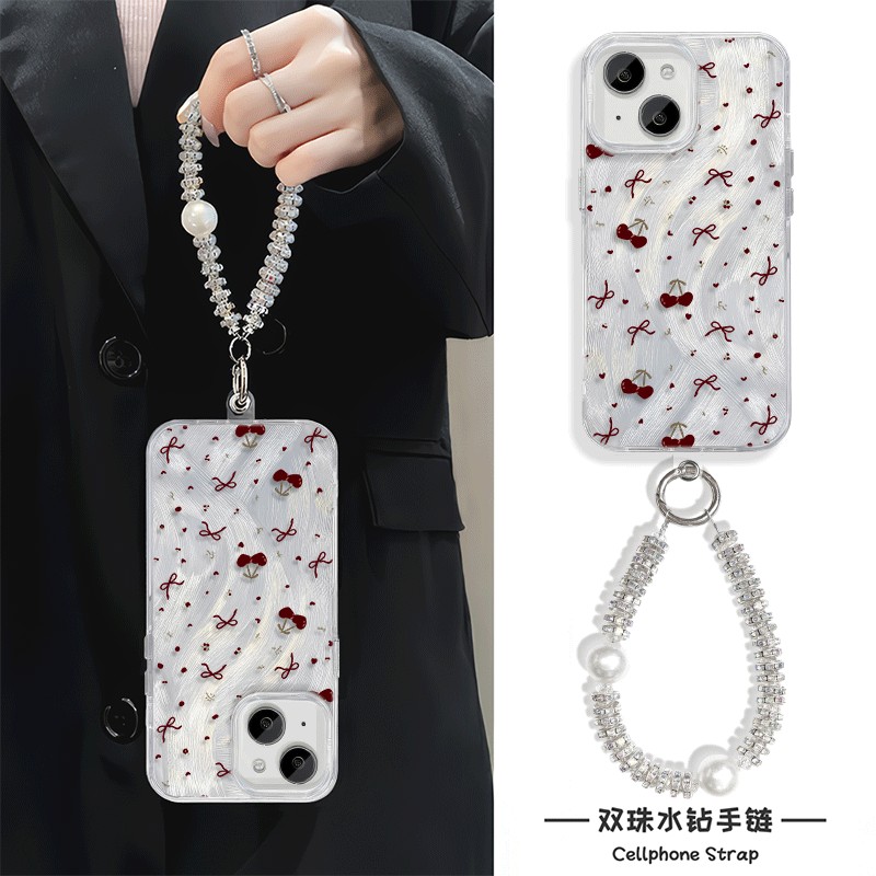 小米CIVI4PRO羽纱硬iPhone12高级感Nova14樱桃蝴蝶结手链S20适用15ProMax手机壳带挂绳ins风苹果13创意16PLUS