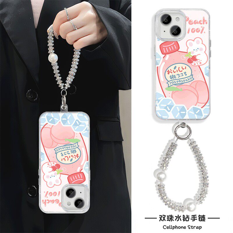 苹果12硬15plus可爱手机壳带挂绳兔子桃子汽水Phone13羽纱小众16ProMax高级感创意x200适用红米note14pro女款