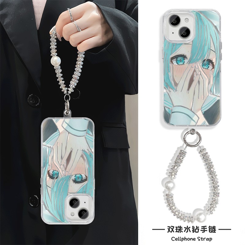 女款iPhone16二次元15plus初音未来miku羽纱14ProMax卡通适用一加13苹果12手机壳带挂绳硬手腕findX7高级感a5