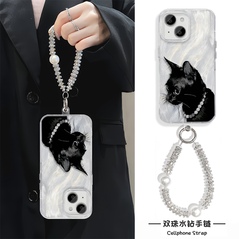 红米k70Ultra珍珠黑猫苹果14ProMax女款16plus羽纱手机壳带挂绳iPhone13高级感12适用硬小米15Ultra新款x100s