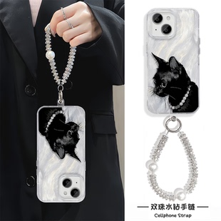 红米k70Ultra珍珠黑猫苹果14ProMax女款16plus羽纱手机壳带挂绳iPhone13高级感12适用硬小米15Ultra新款x100s