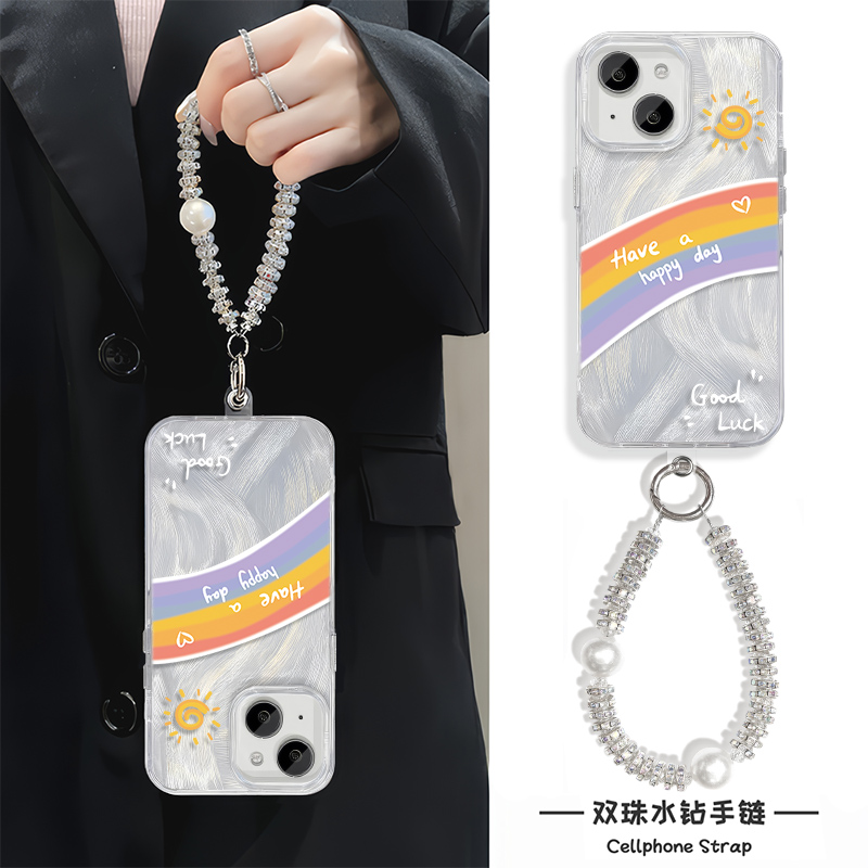 苹果16ProMax适用羽纱iPhone15华为Nova12硬简约14plus手机壳带挂绳爱心彩虹链条13高级感女小米CIVI4PRO创意