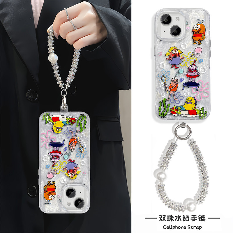 苹果17ProMax适用iPhone14PLUS华为P80开心比奇堡居民一加13T卡通手机壳带挂绳硬16小米15高级感12羽纱FINDX8