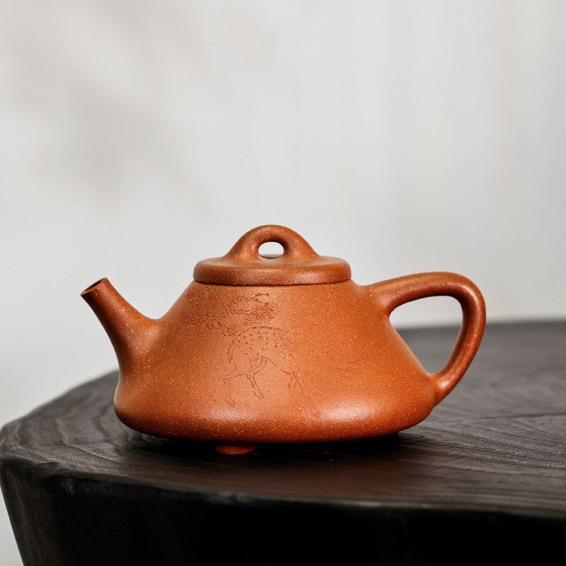 宜兴原矿紫砂壶 k工艺师蒋惠手工刻绘鹿降坡泥石瓢茶具精品泡茶壶