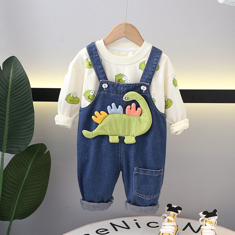 宝宝春装背带e裤套装2024新款男童春秋洋气儿童牛仔背带裤两件套
