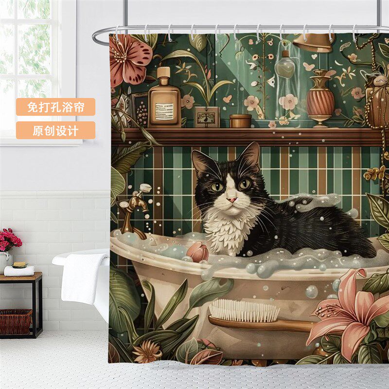 插画猫咪狗c宠物卡通遮挡免打孔防霉浴帘宿舍防水隔断帘卫生间挂