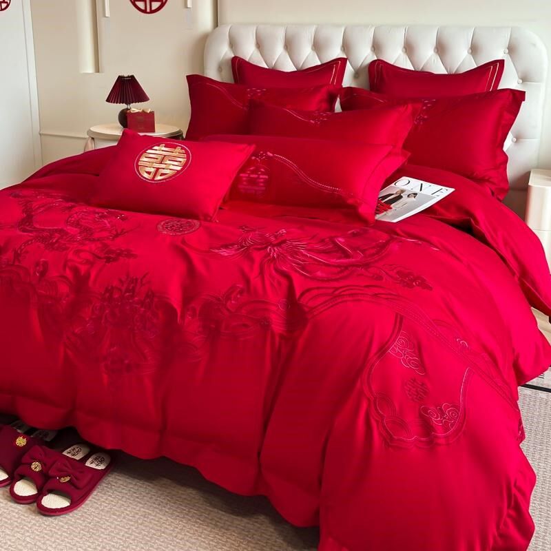 中式龙凤刺绣婚庆四件套新y婚结婚床单被套大红色床上用品,床上用品,婚庆床品套件,淘宝优惠券,粉丝福利购,淘宝优惠卷