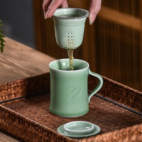 青瓷办公室茶杯i竹叶陶瓷带盖过滤杯家用喝茶杯子茶水分离泡茶杯