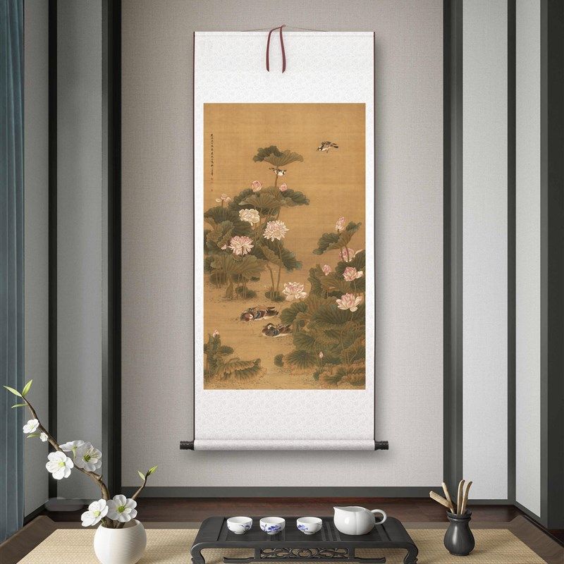 清沈铨《荷塘鸳鸯》客厅书房茶室装饰F画挂画玄关水墨高清卷轴字