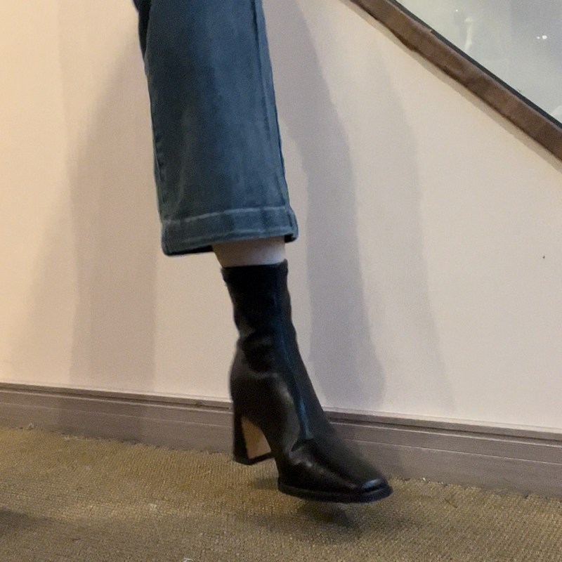 rubyawu法式黑色瘦瘦靴方头粗跟高跟弹力靴显瘦气质短靴女春秋单