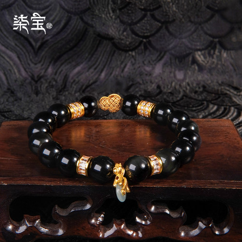 七宝缘龙晶福禄平安扣黑曜石手串马年男士盘玩手串元旦礼物男生