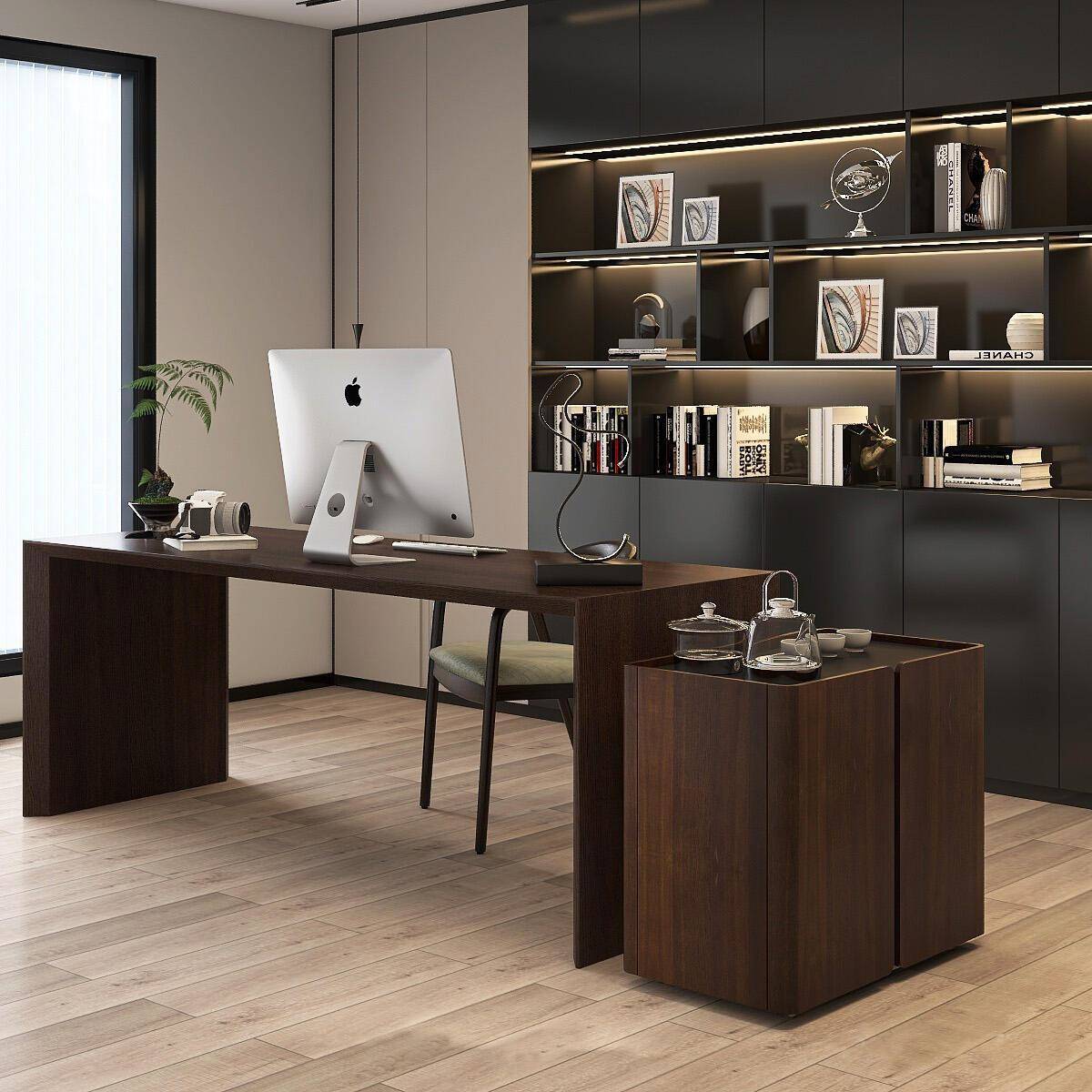 新中式茶桌椅组合书桌茶桌一体两用书房办公室简约高端黑胡桃木