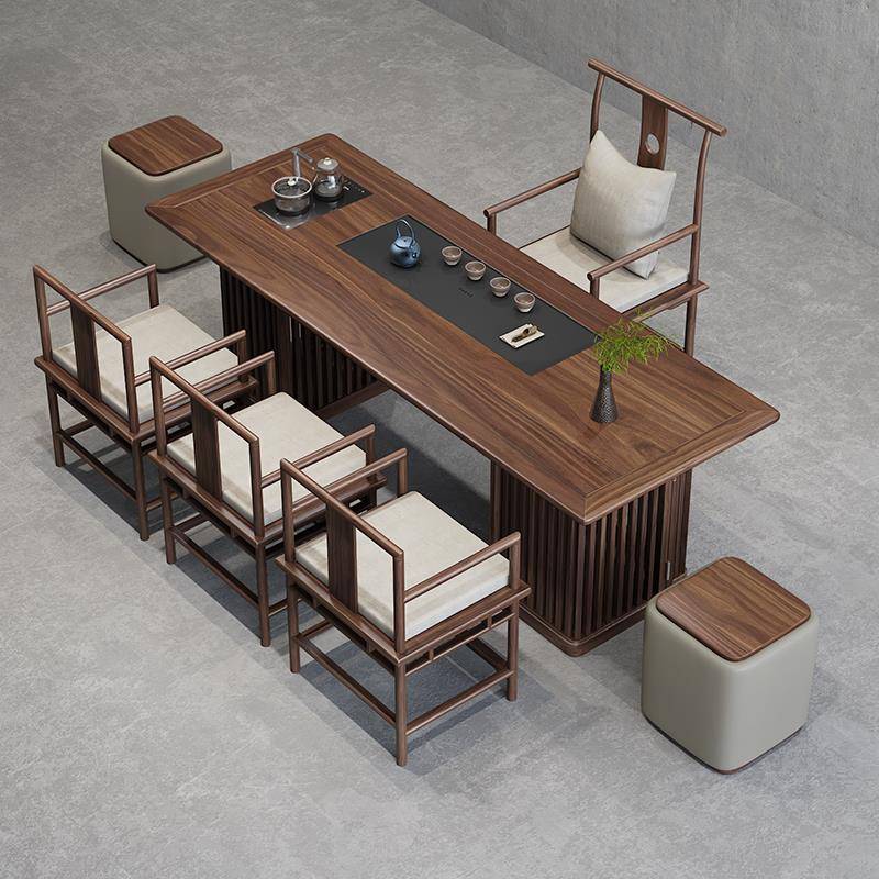 新中式老榆木实木茶桌乌金石茶盘一体功夫茶台办公室泡茶桌椅组合