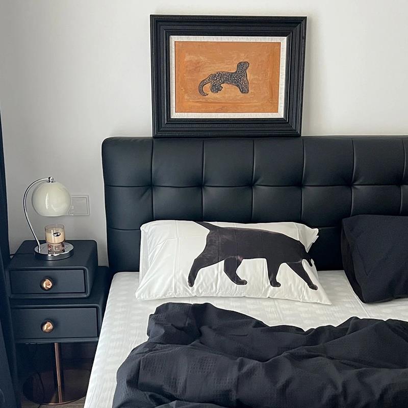 朴笙记华夫格真皮床现代简约北欧意式极简主卧婚床榉木排骨架大床