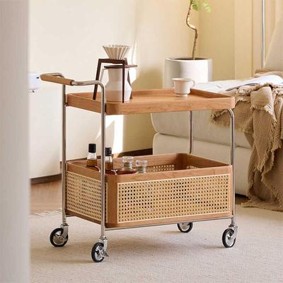 侘寂风复古收纳小推车北欧实木边几客厅藤编置物柜可移动双层柜子