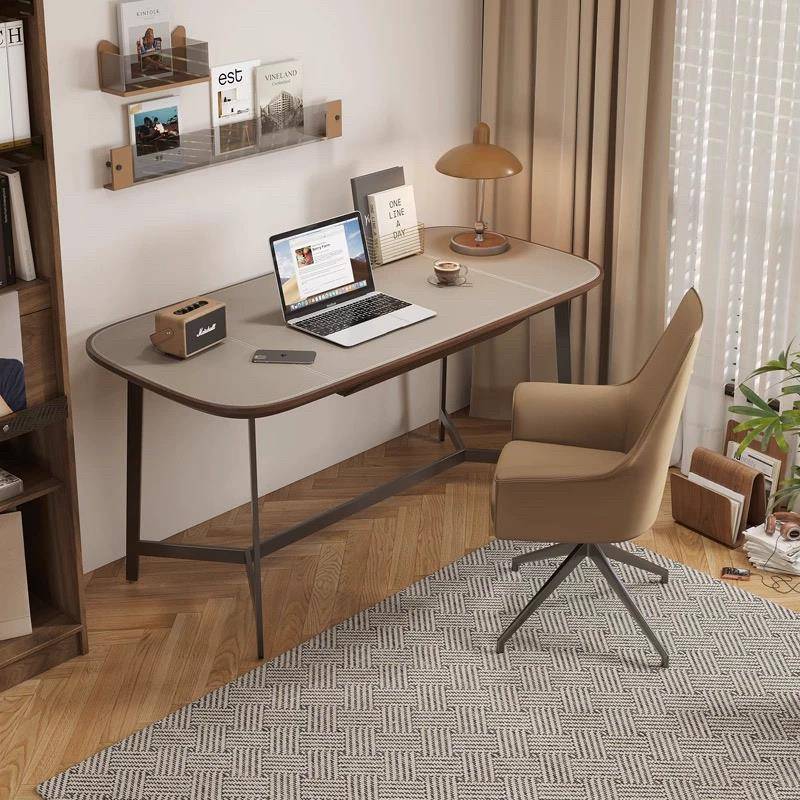 意式极简实木书桌椅组合不锈钢马鞍皮电脑桌家用办公台现代简约
