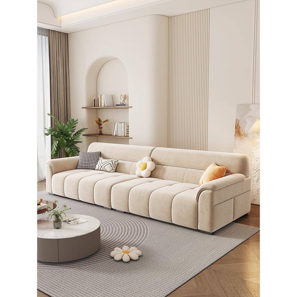 奶油色天鹅绒沙发小公寓客厅2025新意大利Normcore真皮直排三座四