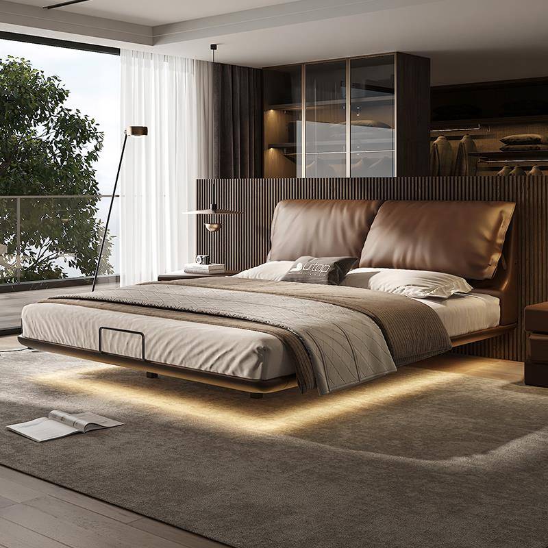 朴笙记大象耳朵真皮床现代简约北欧意式极简可调节主卧婚床榉木床