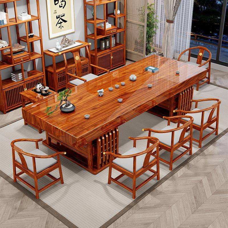 乌金木大板实木茶桌椅组合一桌五椅新中式办公室茶台茶几套装一体