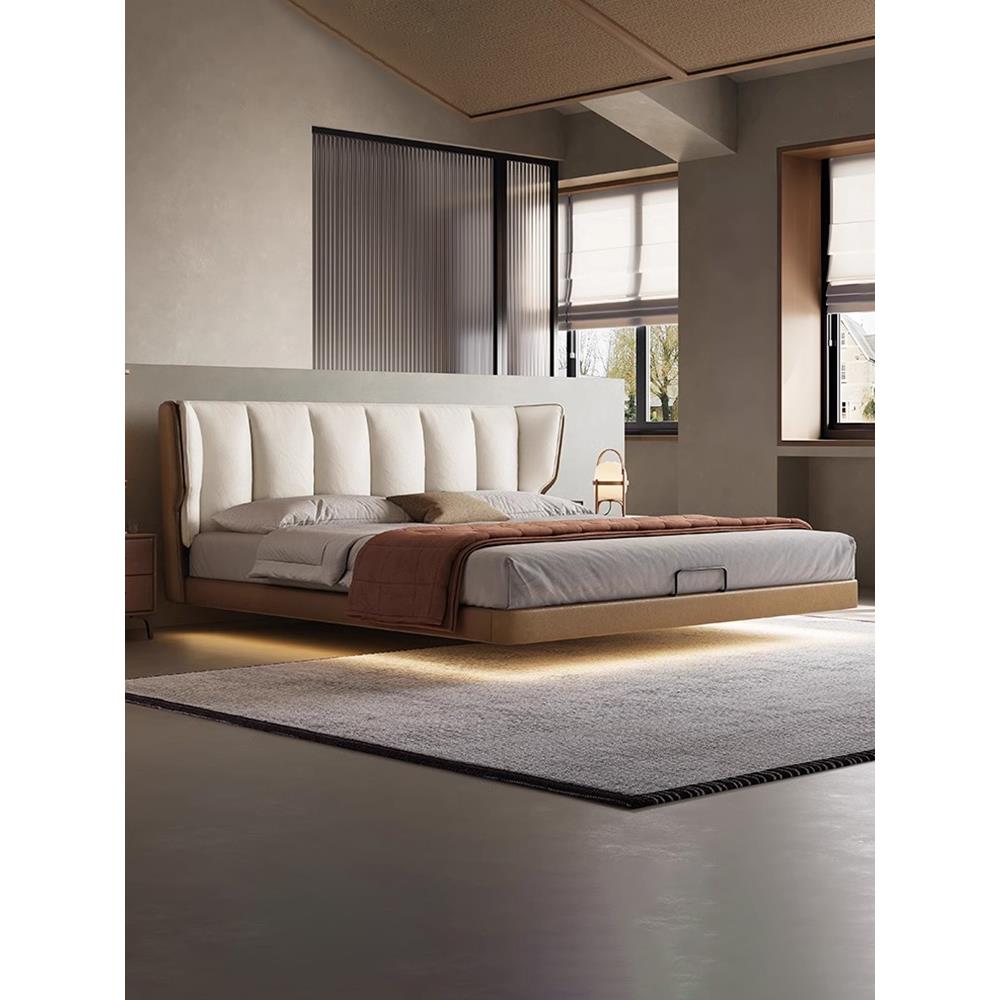 朴笙记钢琴键软包真皮床现代简约北欧意式极简主卧婚床悬浮榉木床