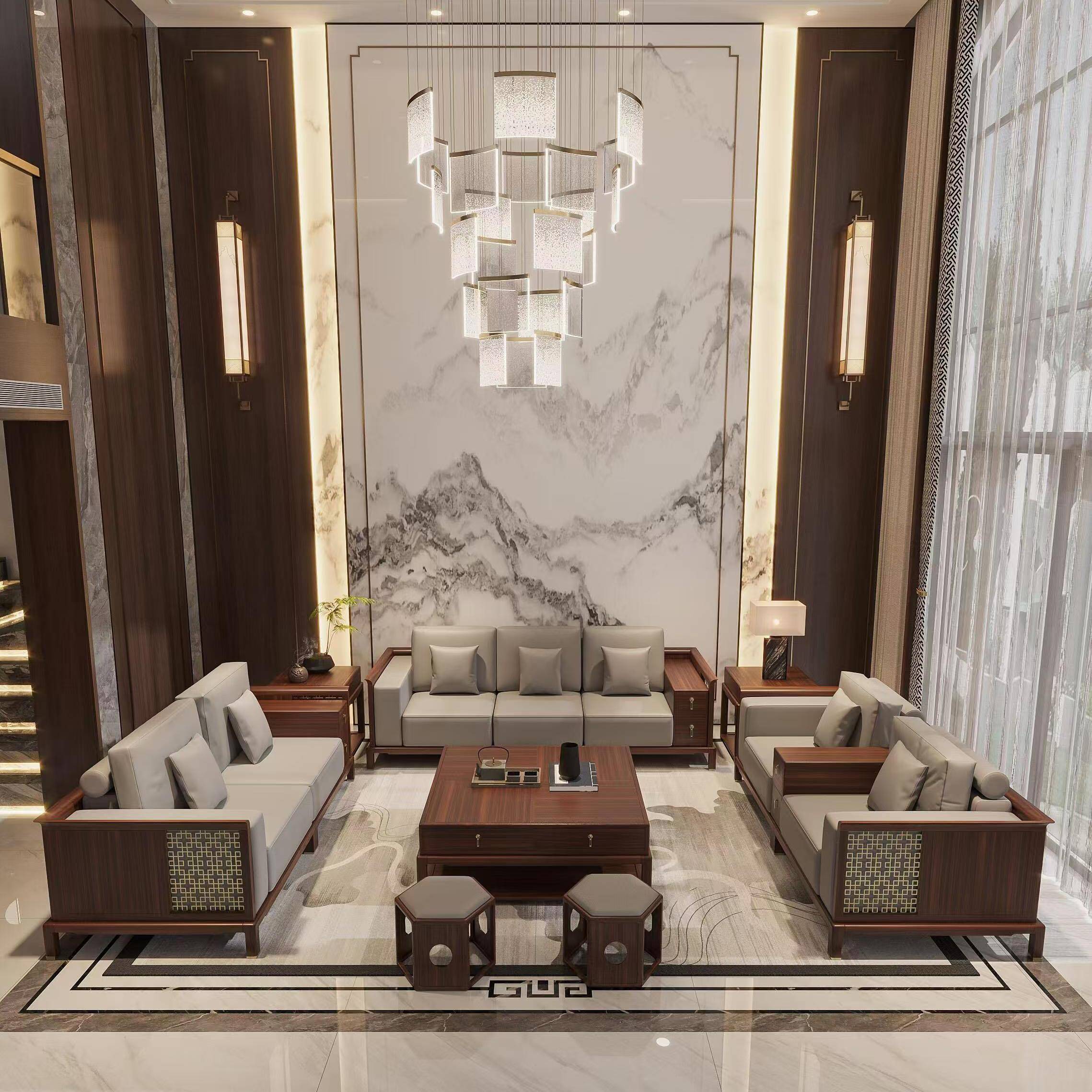 新中式实木沙发组合别墅大平层客厅简约办公家具黑胡桃木软装沙发