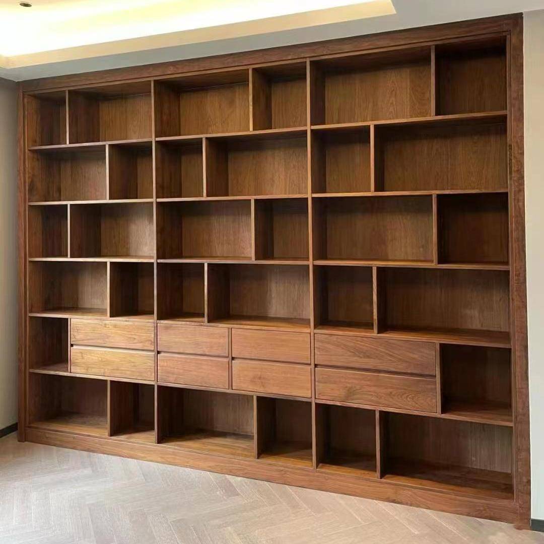 新中式黑胡桃木一体满墙落地书柜白蜡木实木带卡座抽屉地台杂志柜