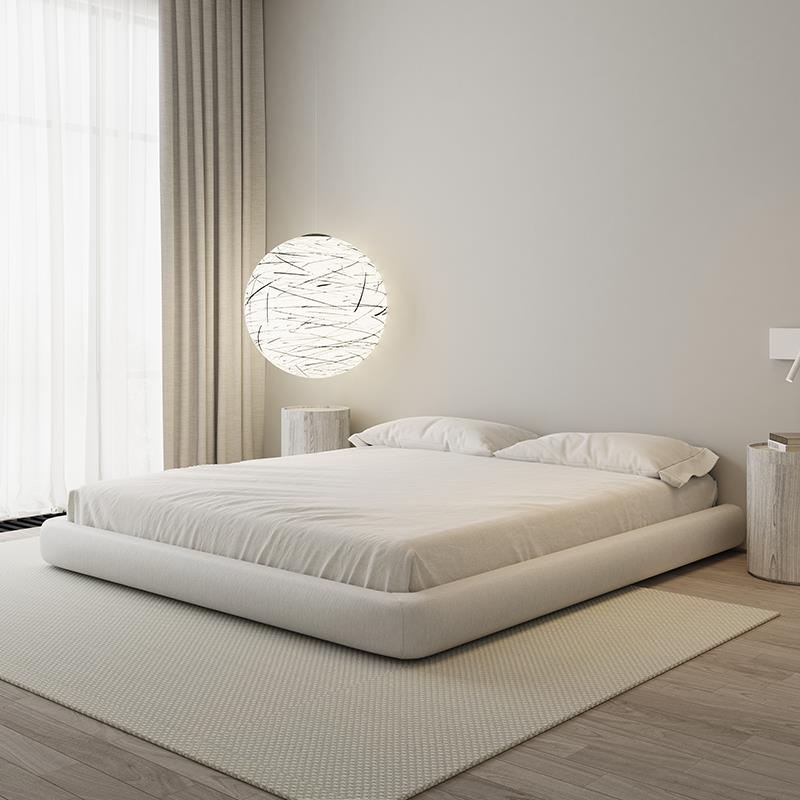 朴笙记无床头侘寂风奶油风布艺床小户型落地北欧双人床榉木排骨架