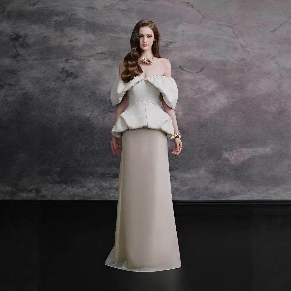 现货小众设计感花苞袖一字肩抹胸上衣气质名媛风皱纱半身裙套装裙